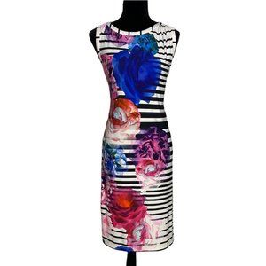 Cathrine S Dress White Black Stripe Colorful Floral Bold Jersey Knit Pullover
